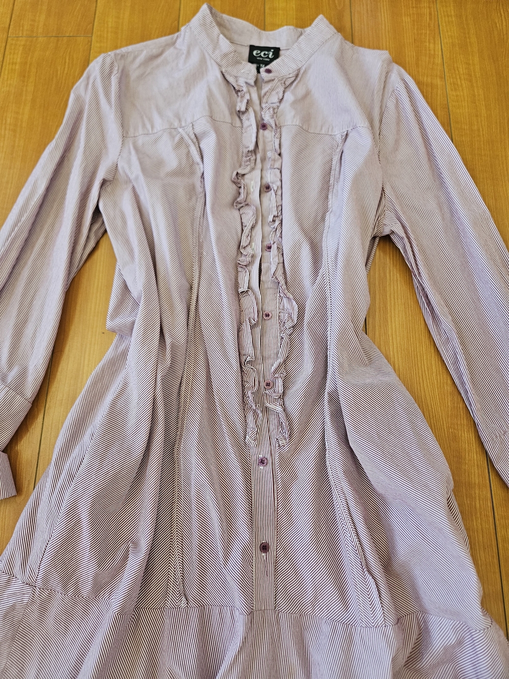 NEVER WORN ECI Pinstriped Button-Front Ruffle Hem Dress + Pockets Size Sz 14 - Picture 9 of 12
